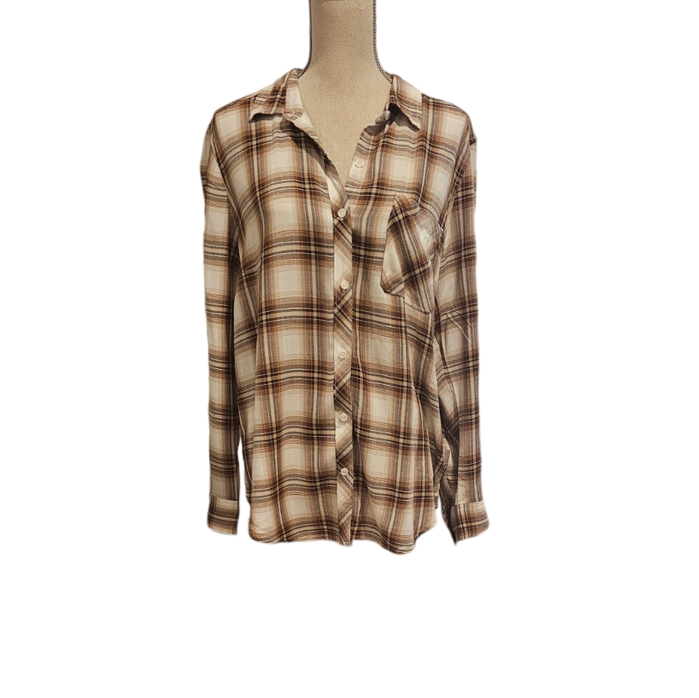 🚨Time & Tru Brown & Cream Plaid Button Down Shirt